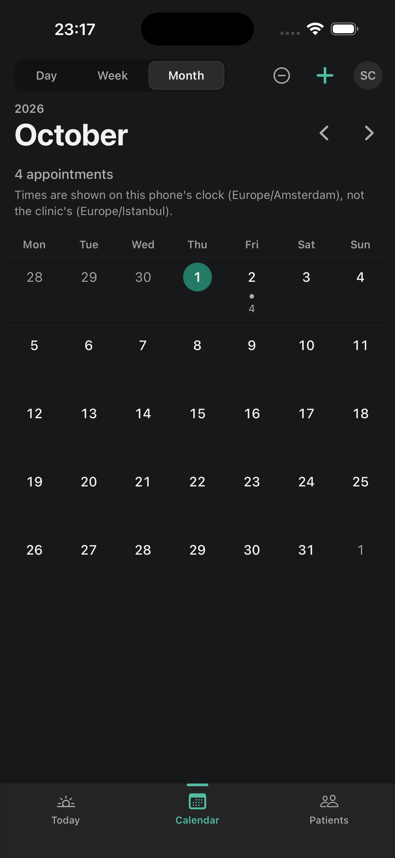 Medix iOS monthly calendar in dark mode, showing four demo appointments and a timezone notice.