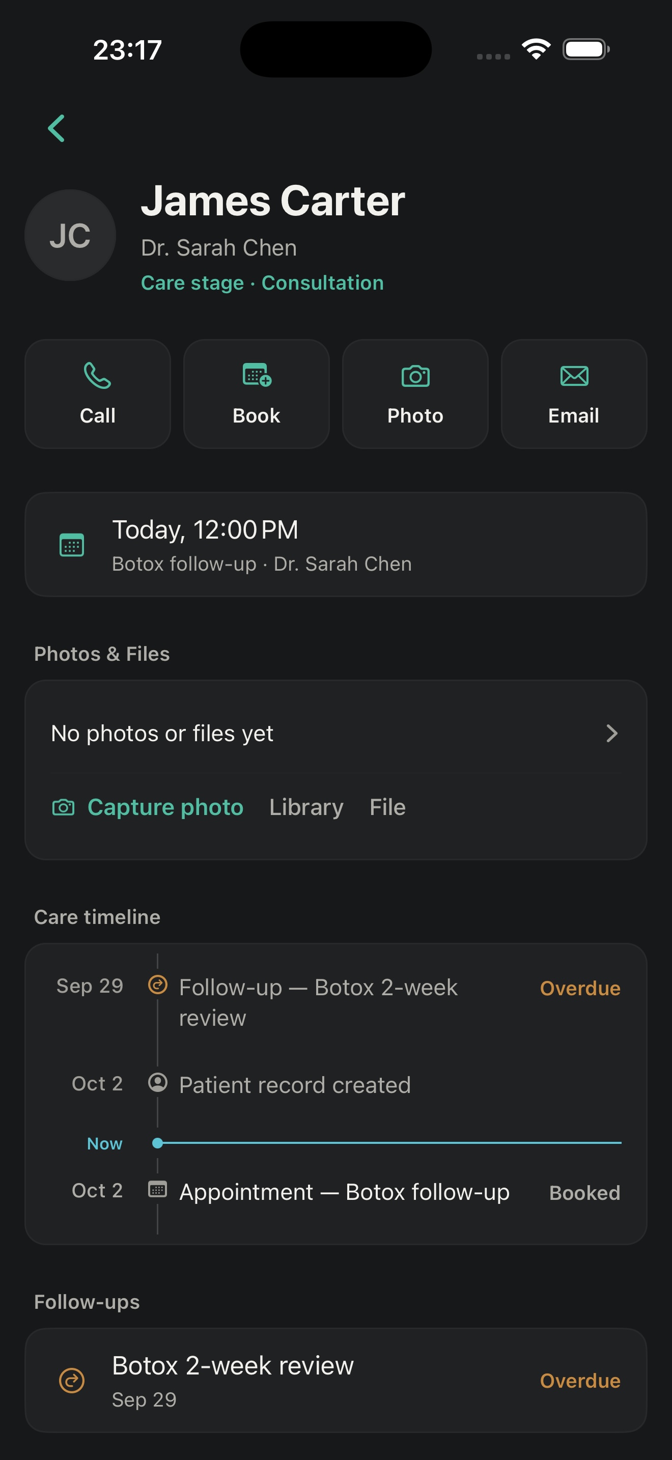 Medix iOS patient record for a fictional patient, showing appointment controls and a care timeline.