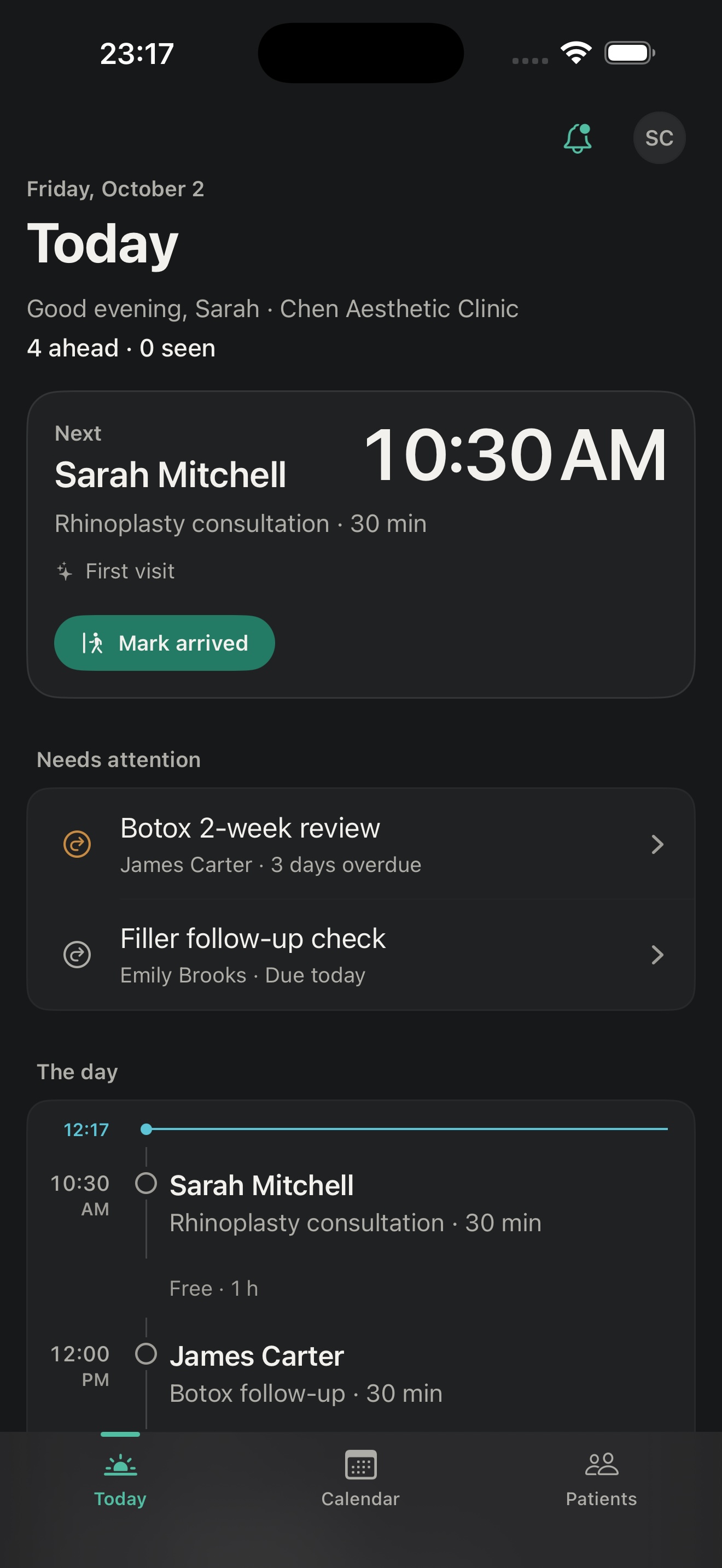 Medix iOS Today screen in dark mode, showing a synthetic clinic schedule and follow-ups.